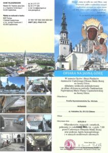 PODZIĘKOWANIE ZA OFIARĘ NA JASNOGÓRSKIE SANKTUARIUM